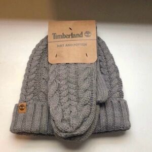 New Timberland Hat & Mitten Set Women’s Gray Cable Knit Lined Beanie Hat Casual